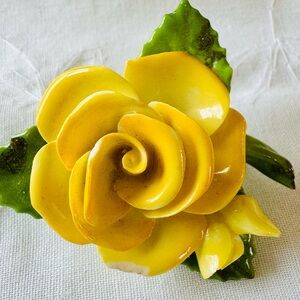 Yellow Ceramic Rose Brooch with Green Leaves--Cara China Staffordshire England